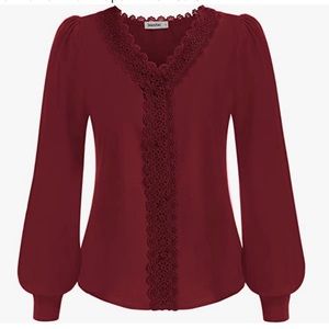 Wine Red Elegant Lace Lantern Sleeve Formal Chiffon Top